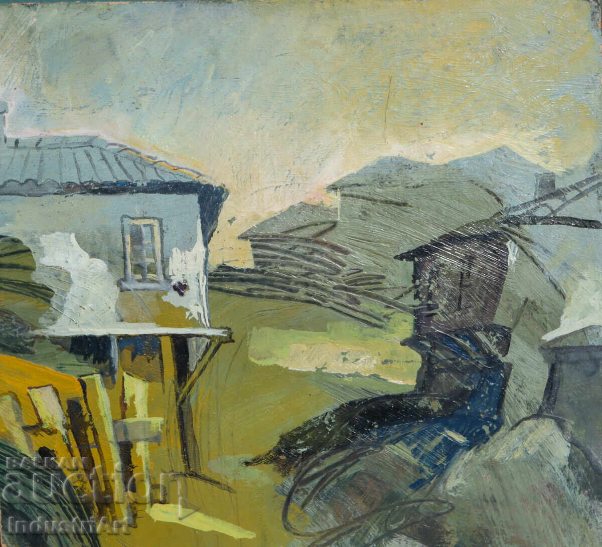 Стара малка картина масло градски пейзаж