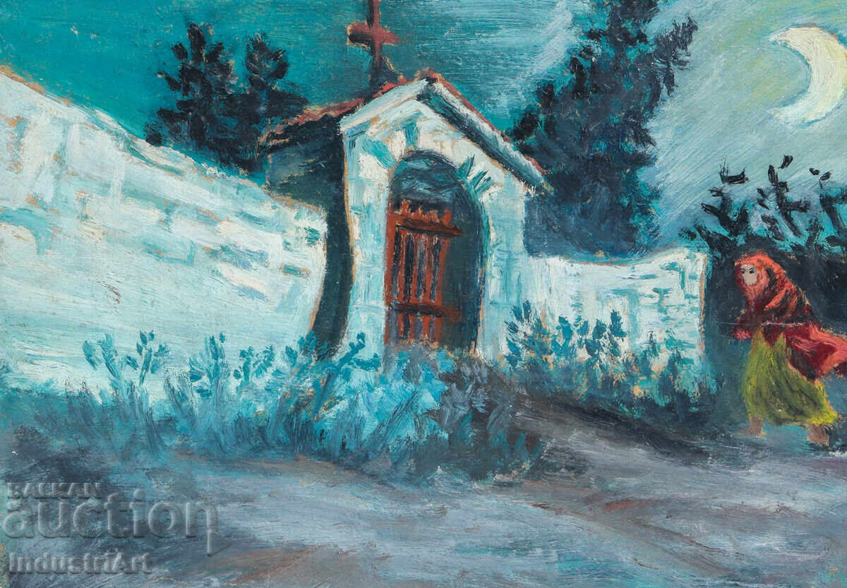 Veche pictură mică în ulei, peisaj