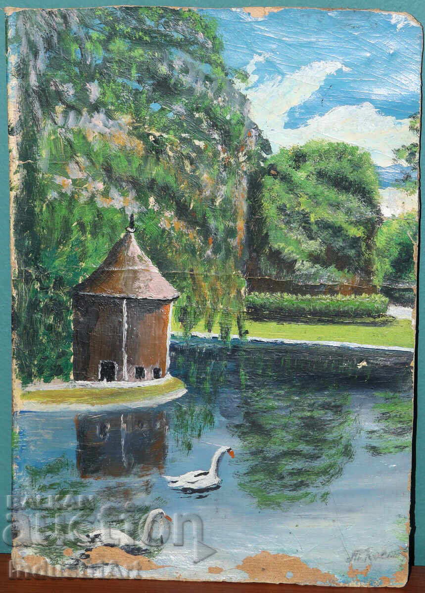 Δημοπρασία Παλιά ελαιογραφία τοπίο λίμνης