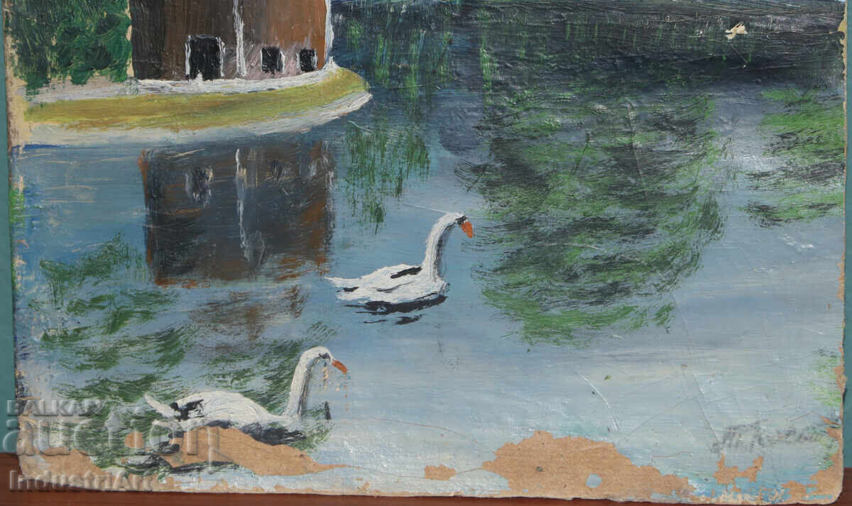 Παλιά ελαιογραφία τοπίο λίμνης - 5