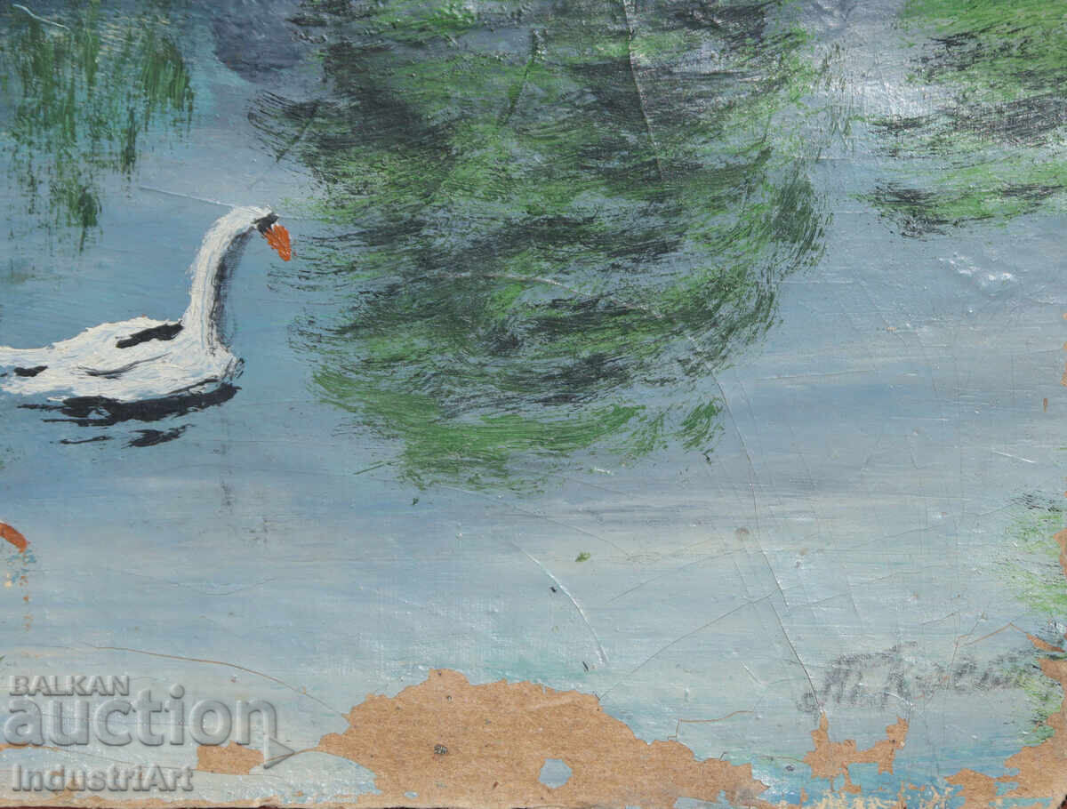 Παλιά ελαιογραφία τοπίο λίμνης - 6