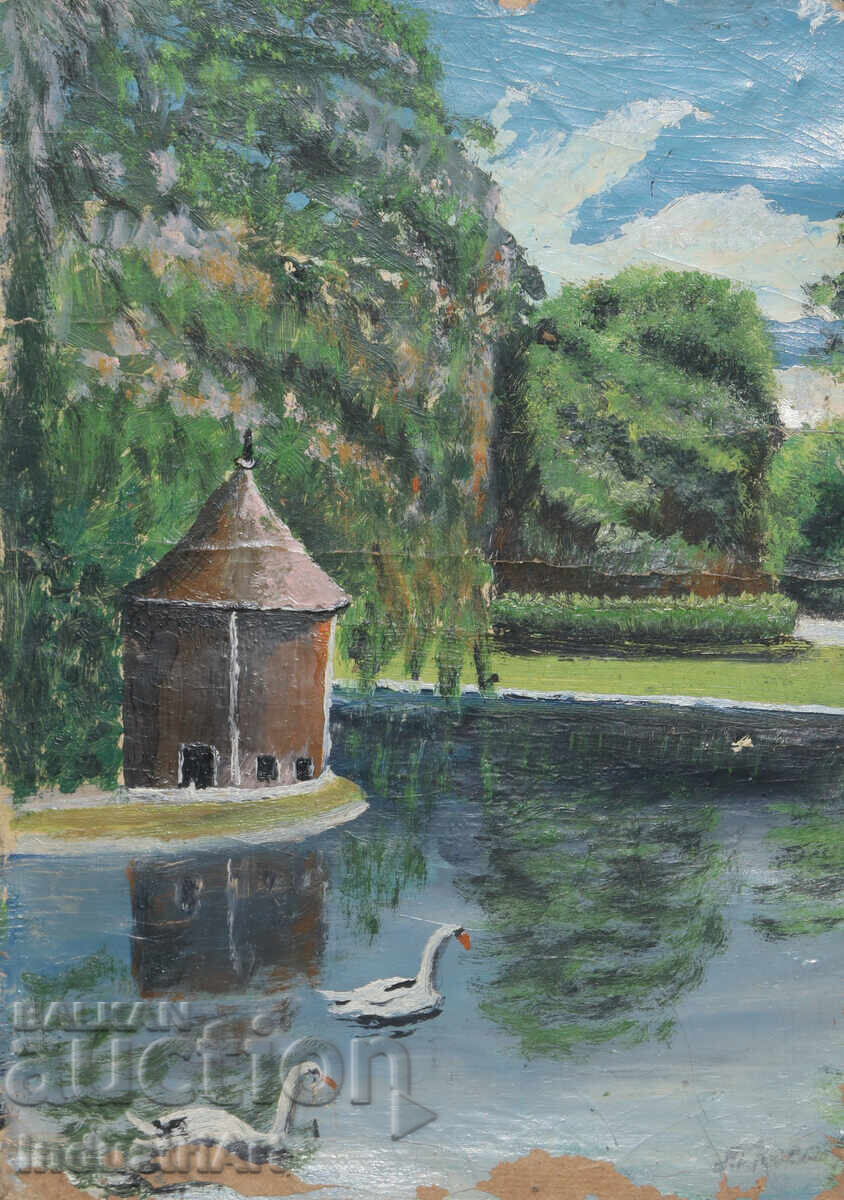 Παλιά ελαιογραφία τοπίο λίμνης