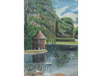 Tablou vechi, ulei pe pânză, peisaj lac