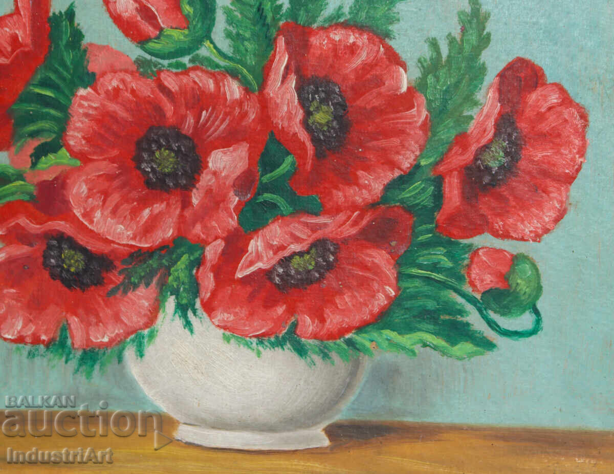 Стара картина маслени бои натюрморт с цветя - 5