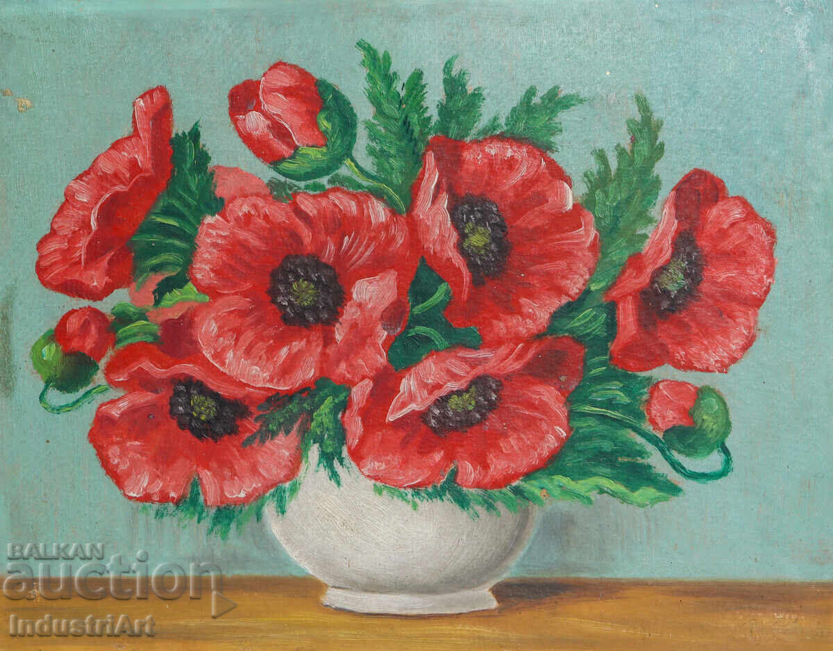 Стара картина маслени бои натюрморт с цветя