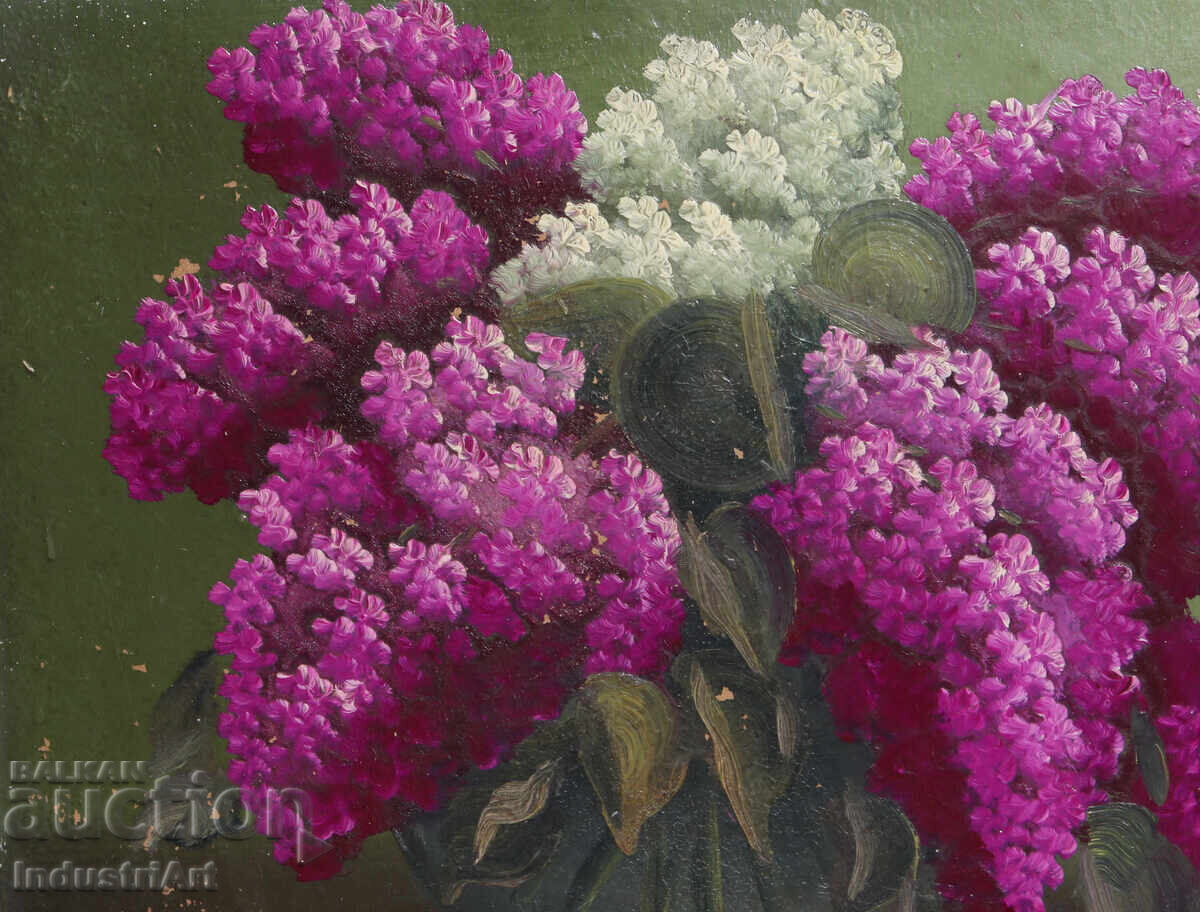 Auction  Old oil painting still life with flowers