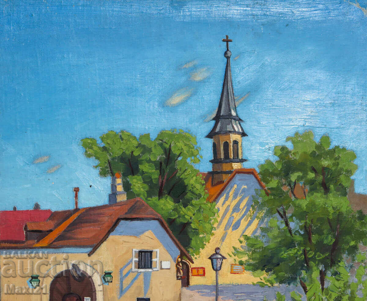 Παράδοση 1968 g. Αστικό τοπίο παλιός πίνακας ελαιογραφίας