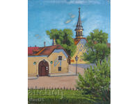 1968 g. Αστικό τοπίο παλιός πίνακας ελαιογραφίας