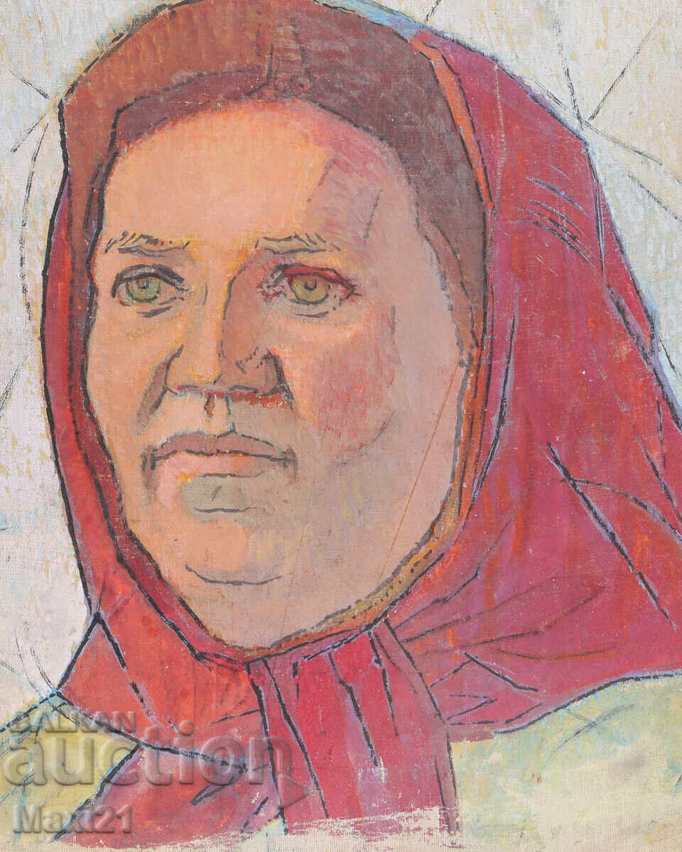 Auction  Old oil painting portrait of a woman with a headscarf
