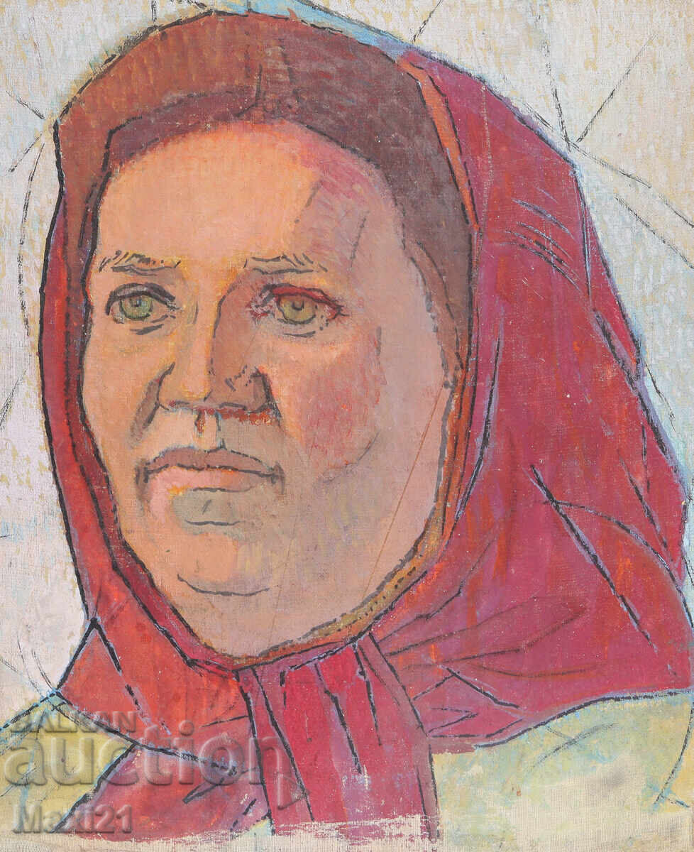 Old oil painting portrait of a woman with a headscarf