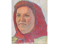 Pictură veche în ulei, portret de femeie cu batic