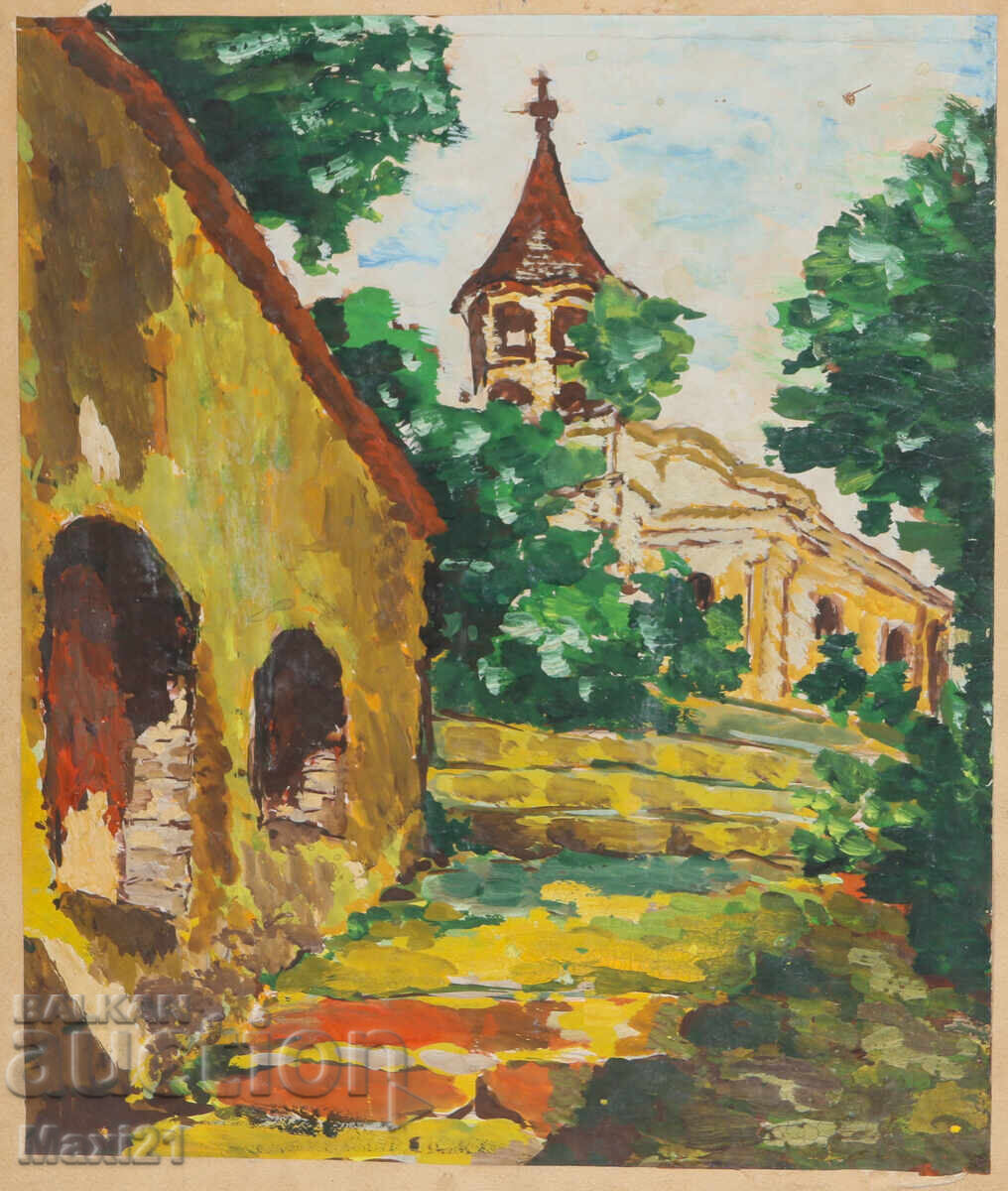 Auction  Landscape Revival Houses Old Painting Gouache