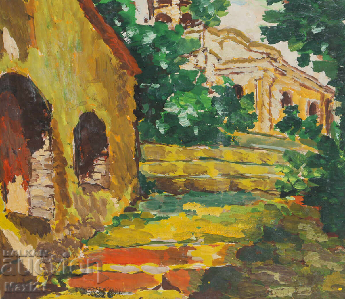 Landscape Revival Houses Old Painting Gouache - 5
