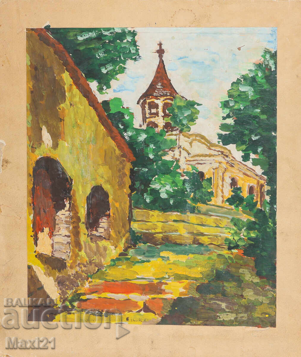 Landscape Revival Houses Old Painting Gouache