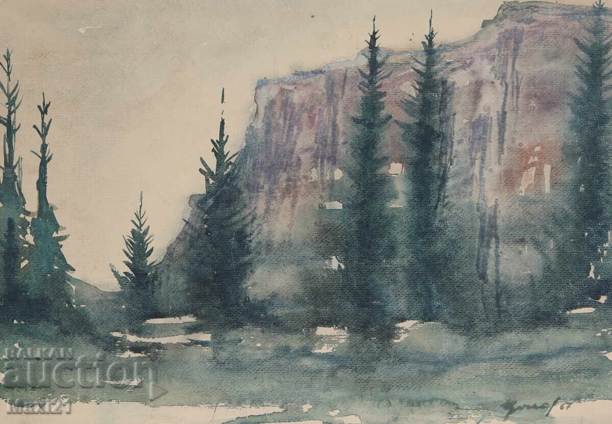 1967. Παλιός πίνακας ακουαρέλα τοπίο με τιμή 220.00 BGN | € 112.48