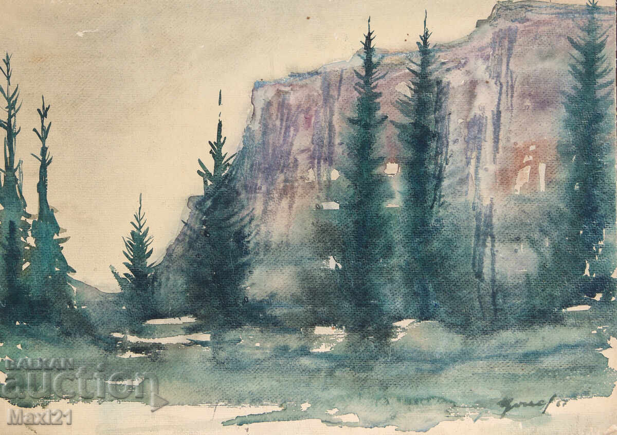 1967. Παλιός πίνακας ακουαρέλα τοπίο