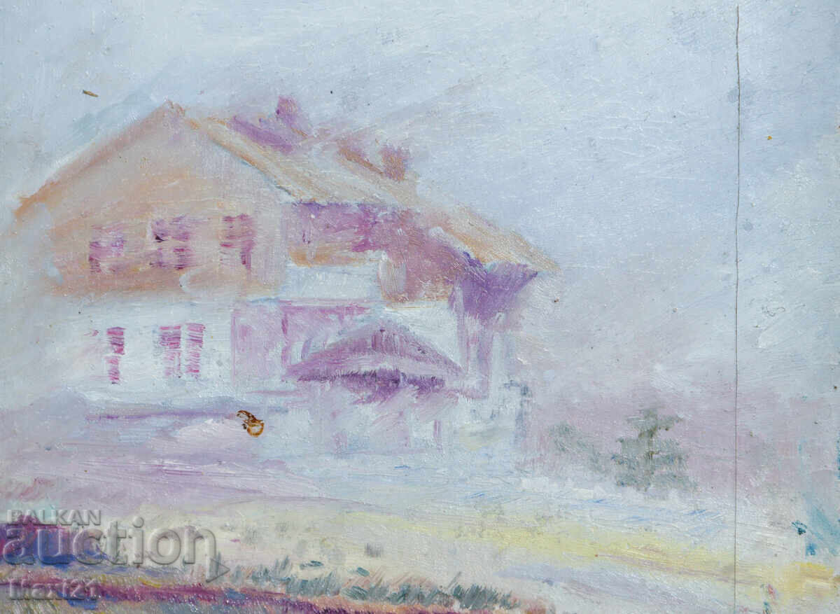 Peisaj cu casă, tablou vechi, ulei - 5