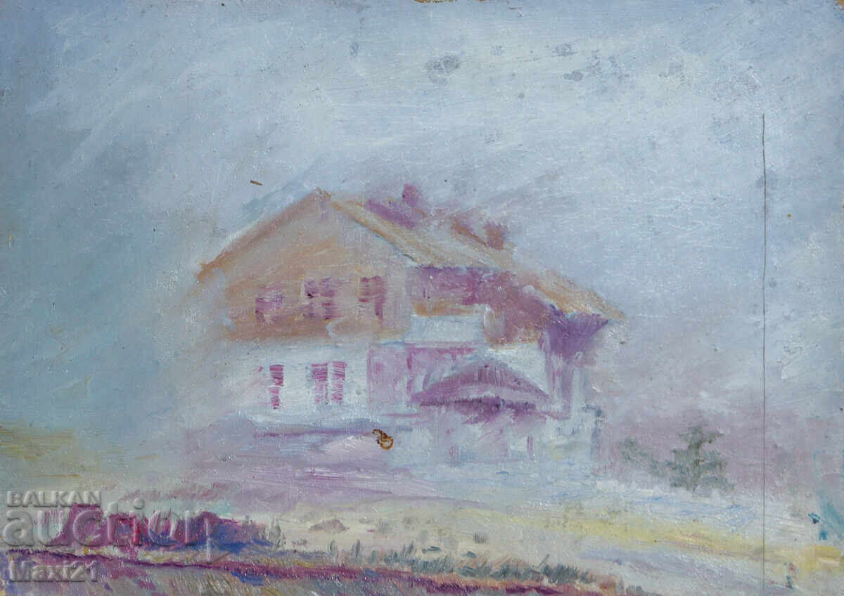 Peisaj cu casă, tablou vechi, ulei