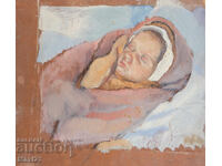 Tablou vechi din 1947, ulei pe pânză, portret de copil