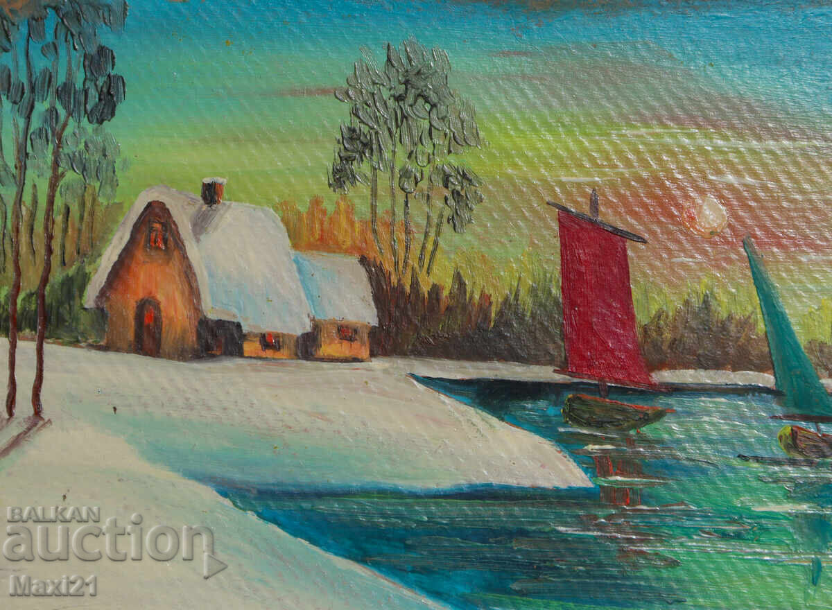 Delivery of Winter lake landscape old painting oil paints