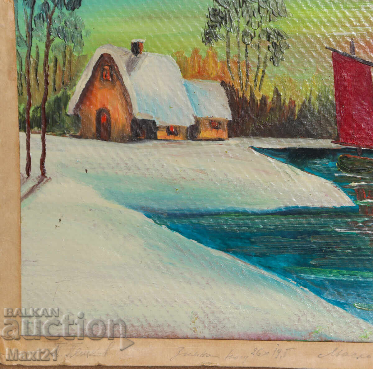Winter lake landscape old painting oil paints - 5