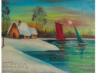 Χειμερινή λίμνη τοπίο παλαιός πίνακας ελαιογραφίας