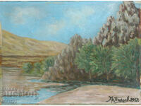 Landscape river old painting oil paints