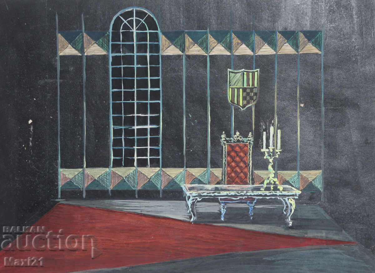Pictură veche guașă decor scenografie Pictură veche guașă decor scenografie