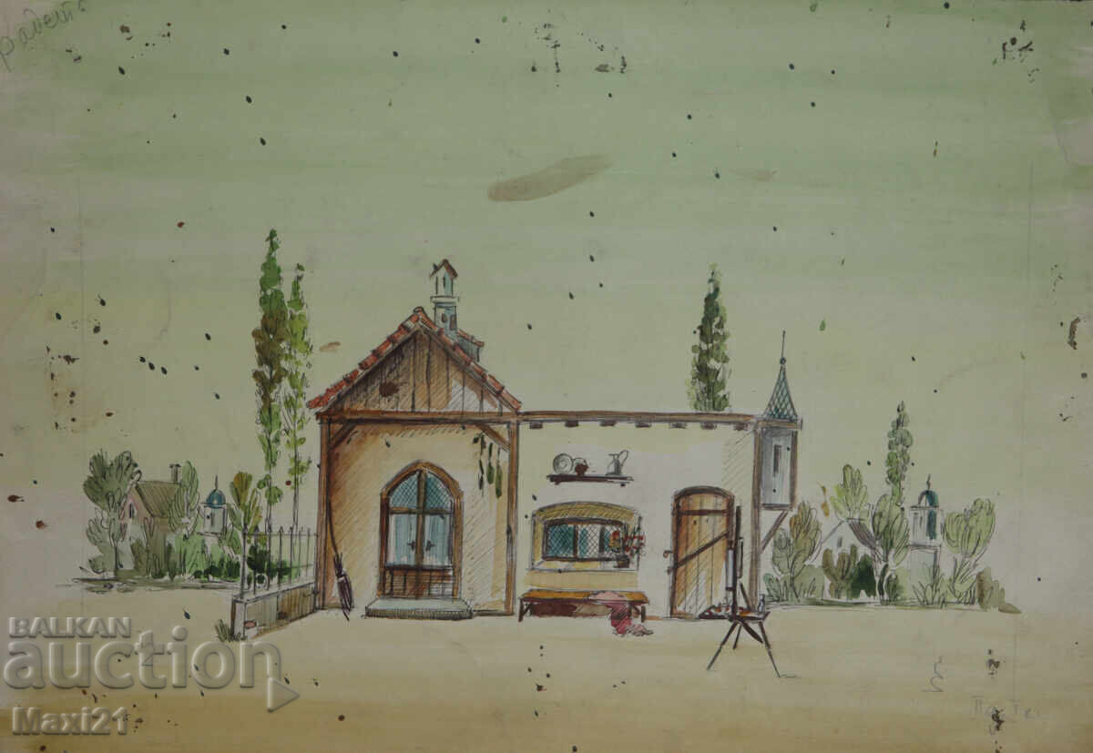 Аукцион Стара картина акварел градски пейзаж