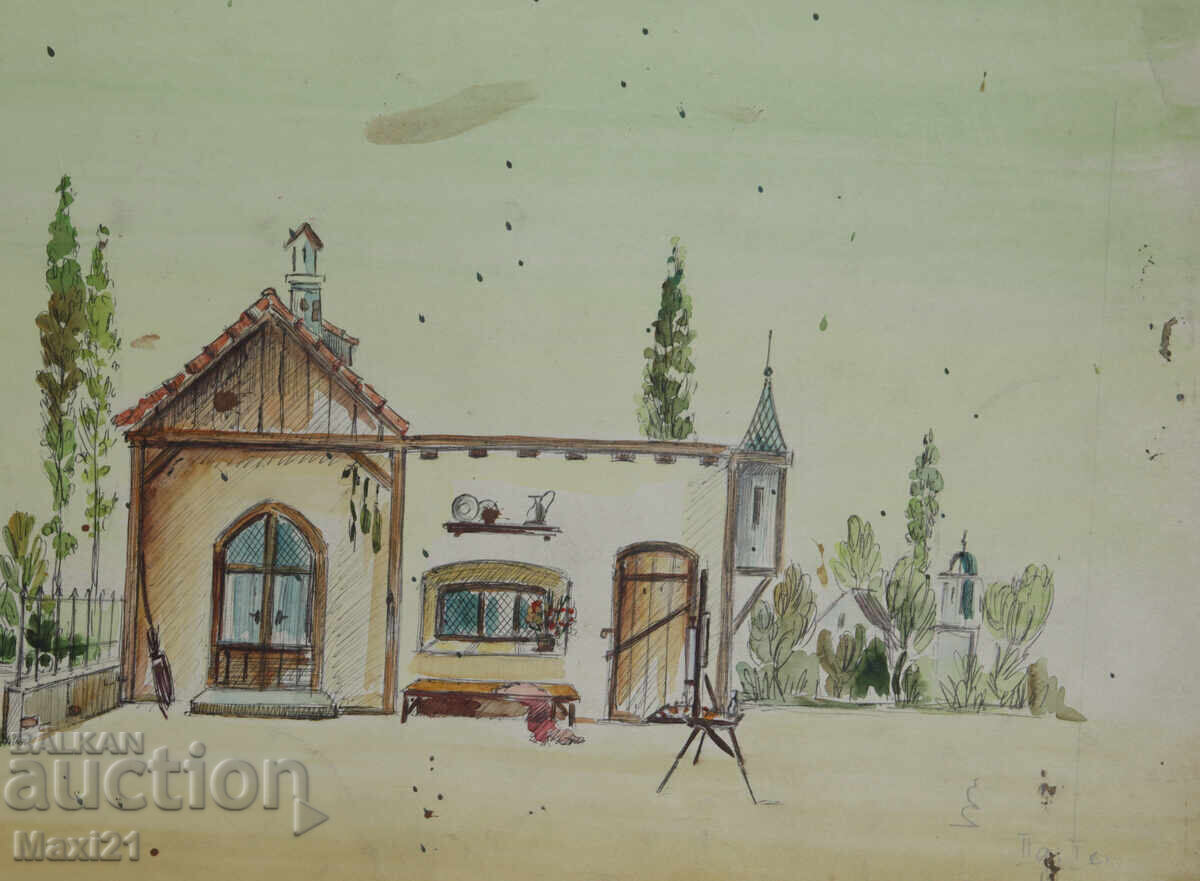 Стара картина акварел градски пейзаж - 5