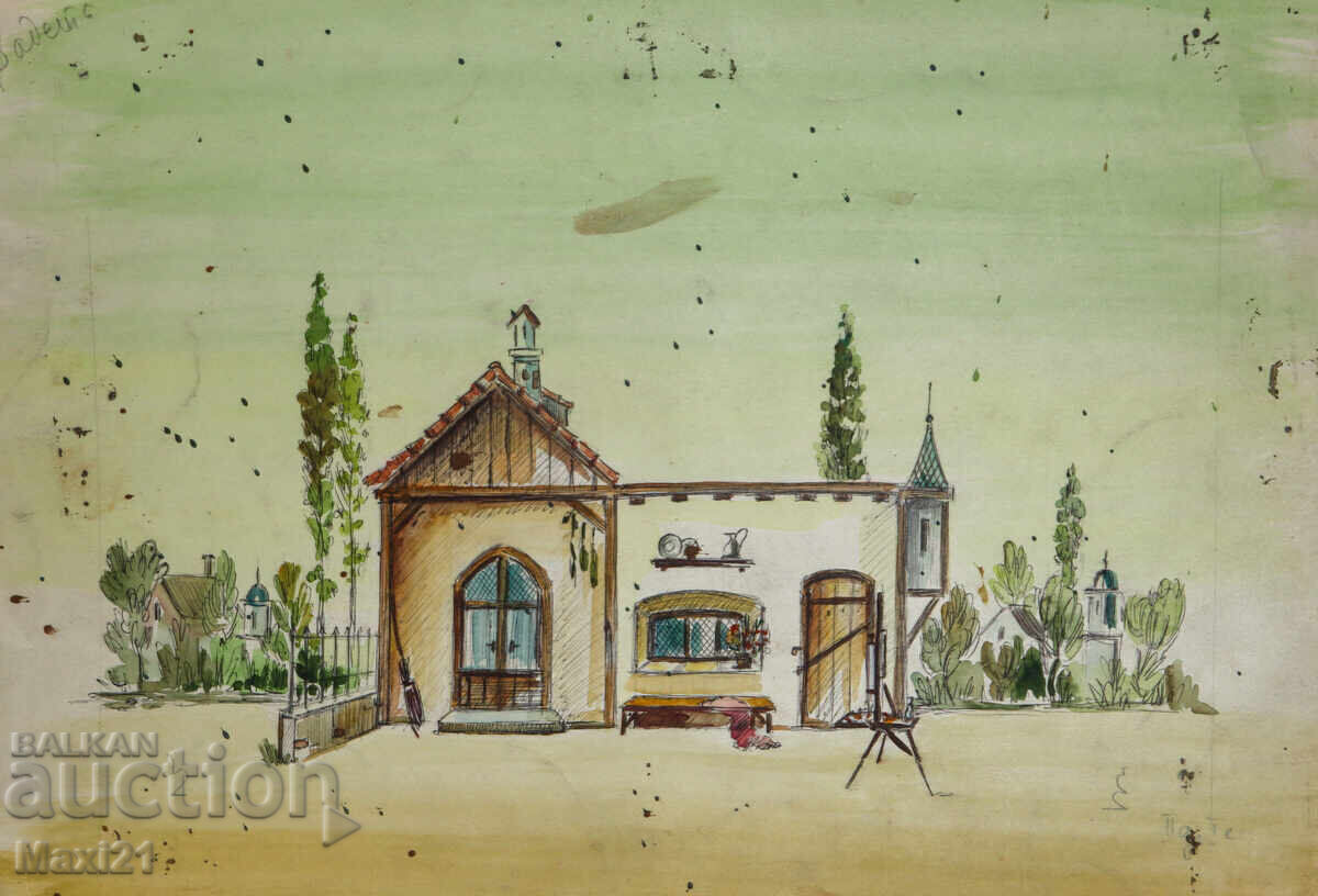 Стара картина акварел градски пейзаж