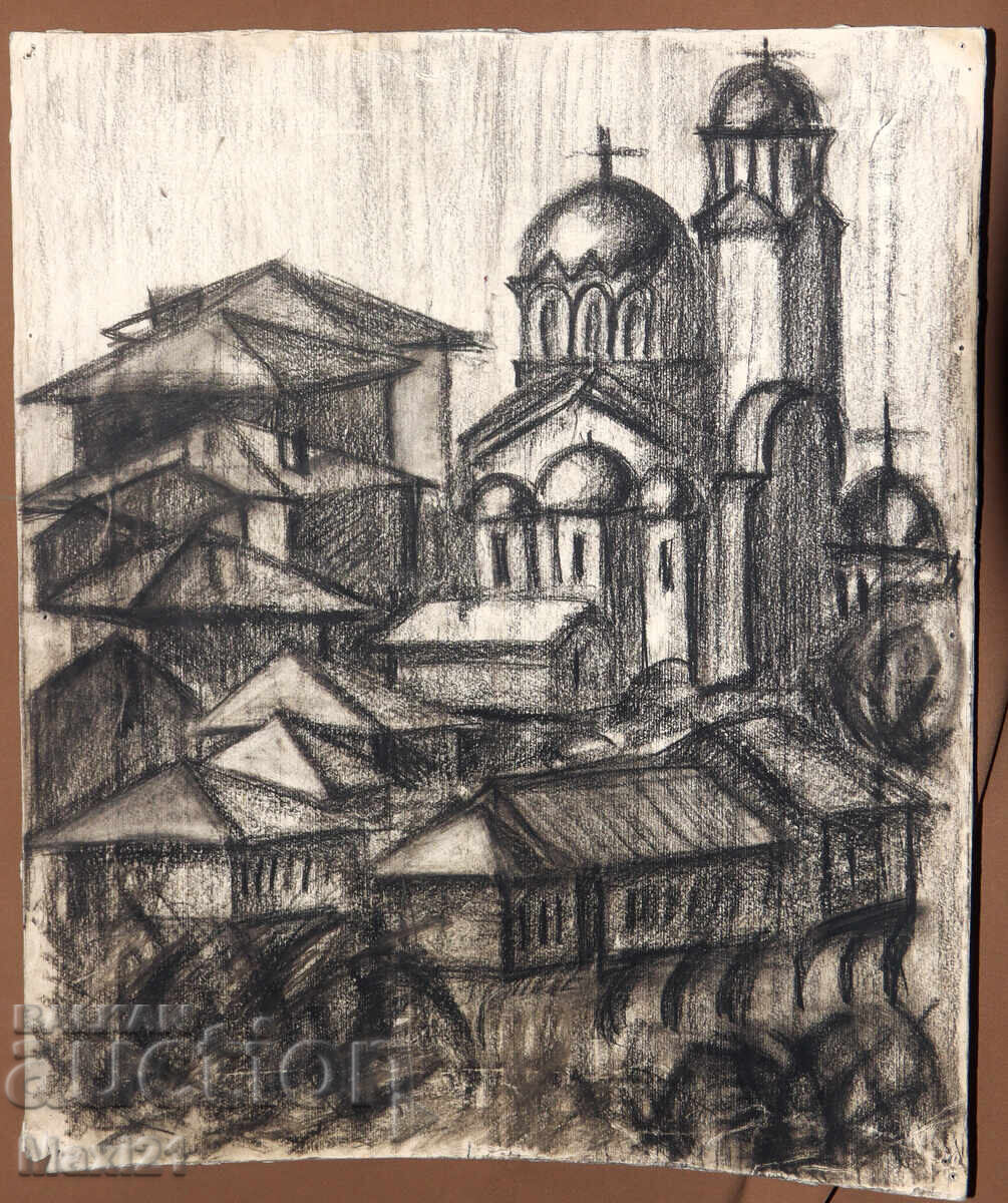 Стара картина въглен градски пейзаж с цена 200.00 лв. | € 102.26