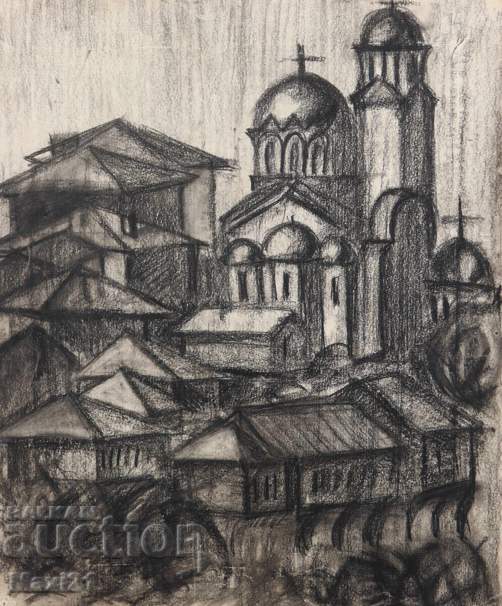 Аукцион Стара картина въглен градски пейзаж