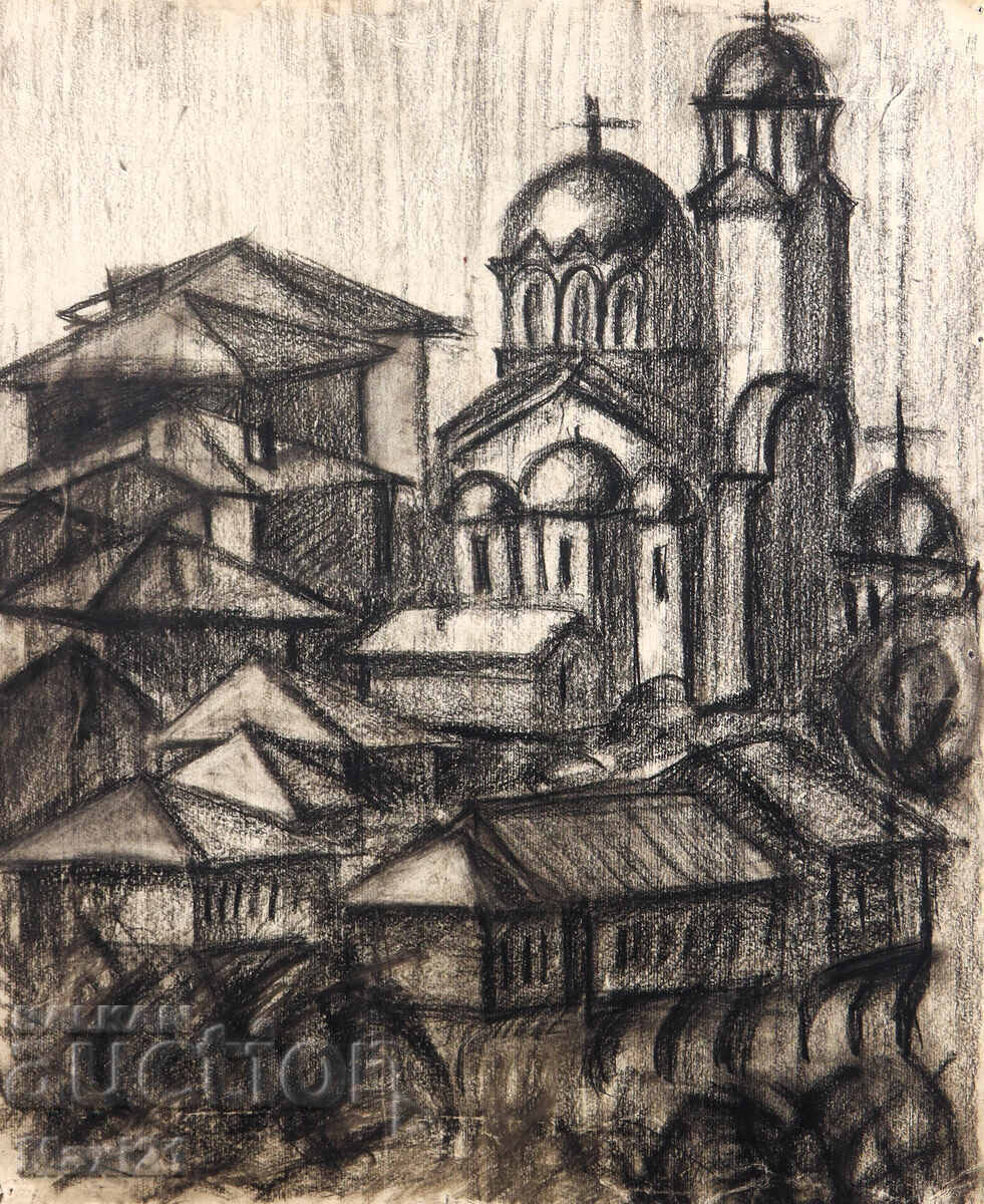 Стара картина въглен градски пейзаж