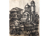 Παλιό σχέδιο με κάρβουνο, αστικό τοπίο