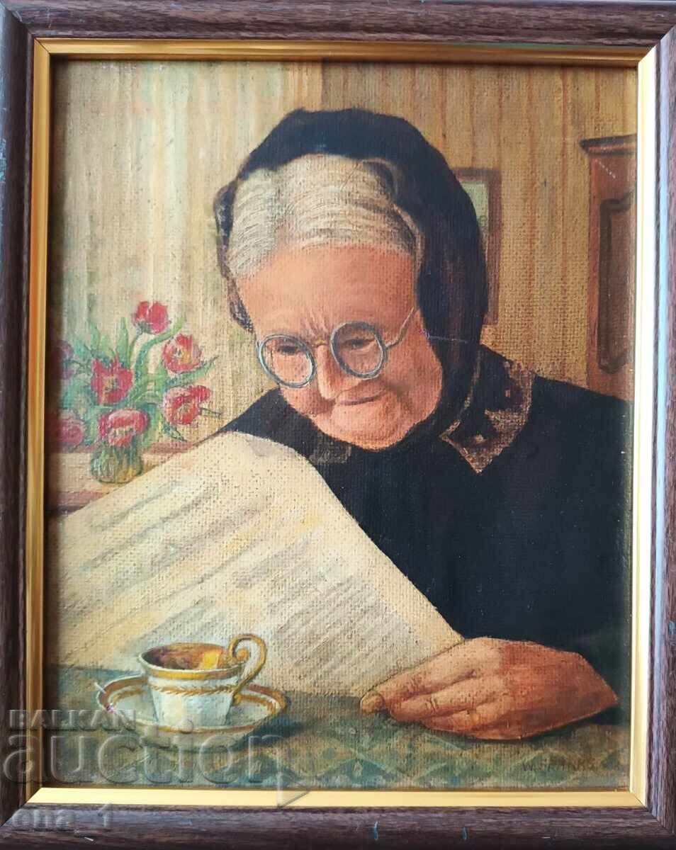 Pictură în ulei „Doamnă citind” de W. Franke semnată în ramă - 6