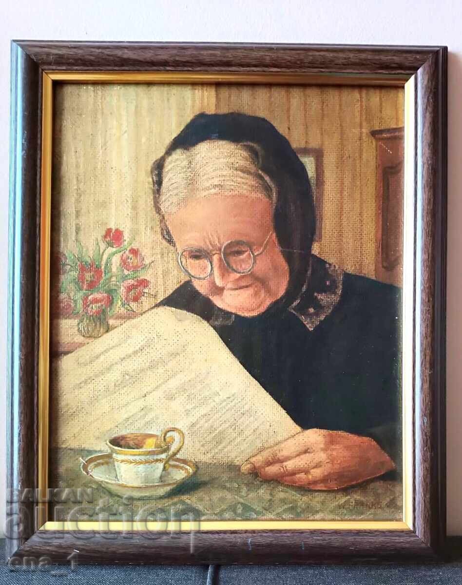 Pictură în ulei „Doamnă citind” de W. Franke semnată în ramă