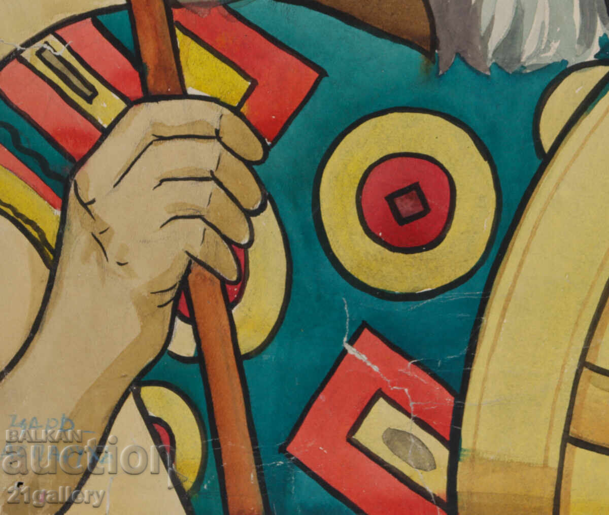 Pictură veche acuarelă portret Han Asparuh - 5