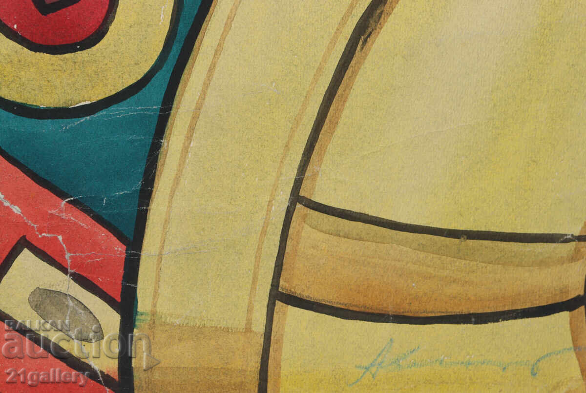 Pictură veche acuarelă portret Han Asparuh - 6