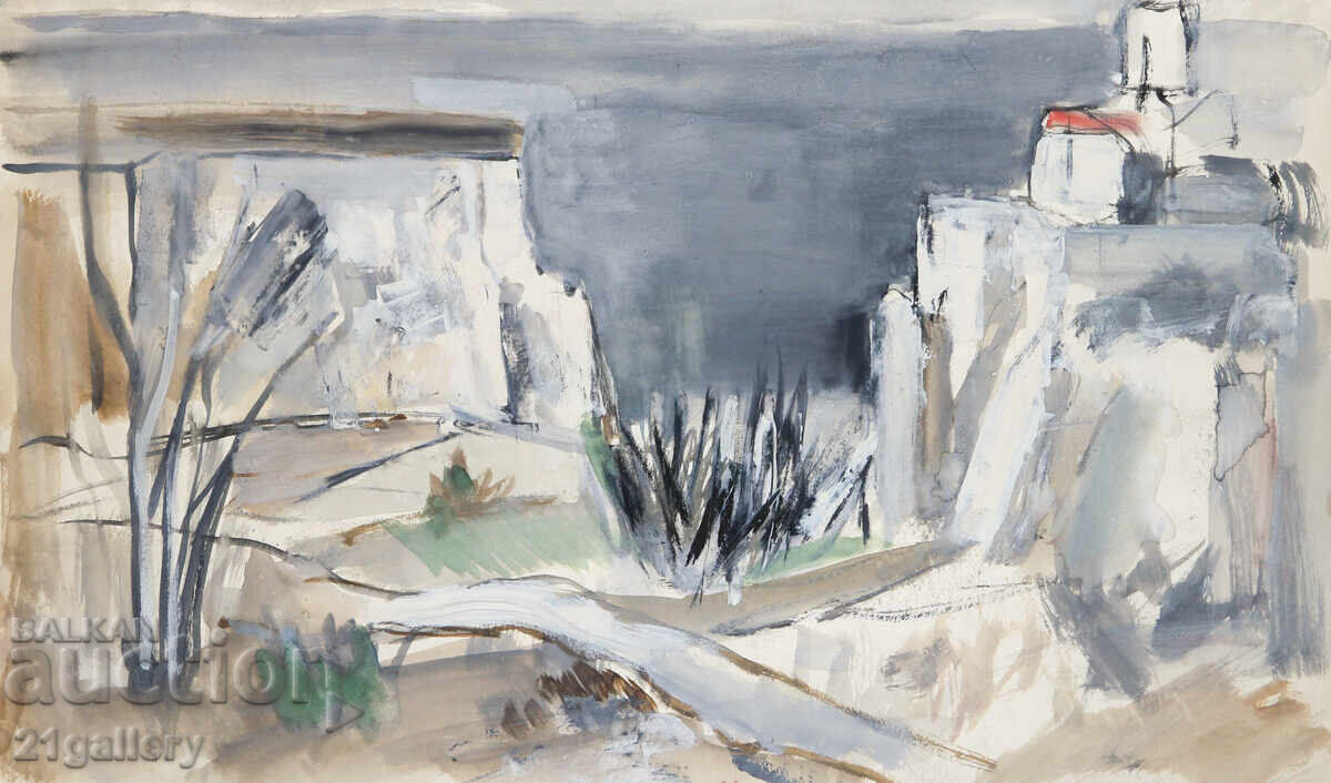 Licitație Tablou tempera peisaj abstract