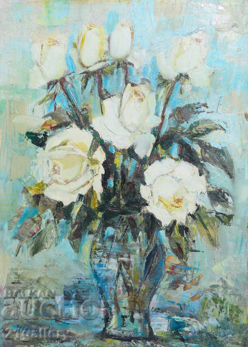 Auction  Still life vase with flowers oil paints, signed