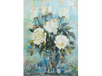Natură statică vază cu flori ulei, semnată