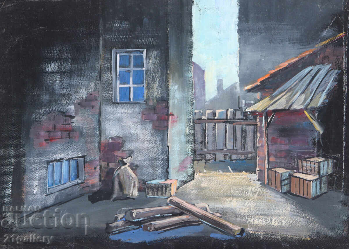 Auction  Old tempera painting, cityscape