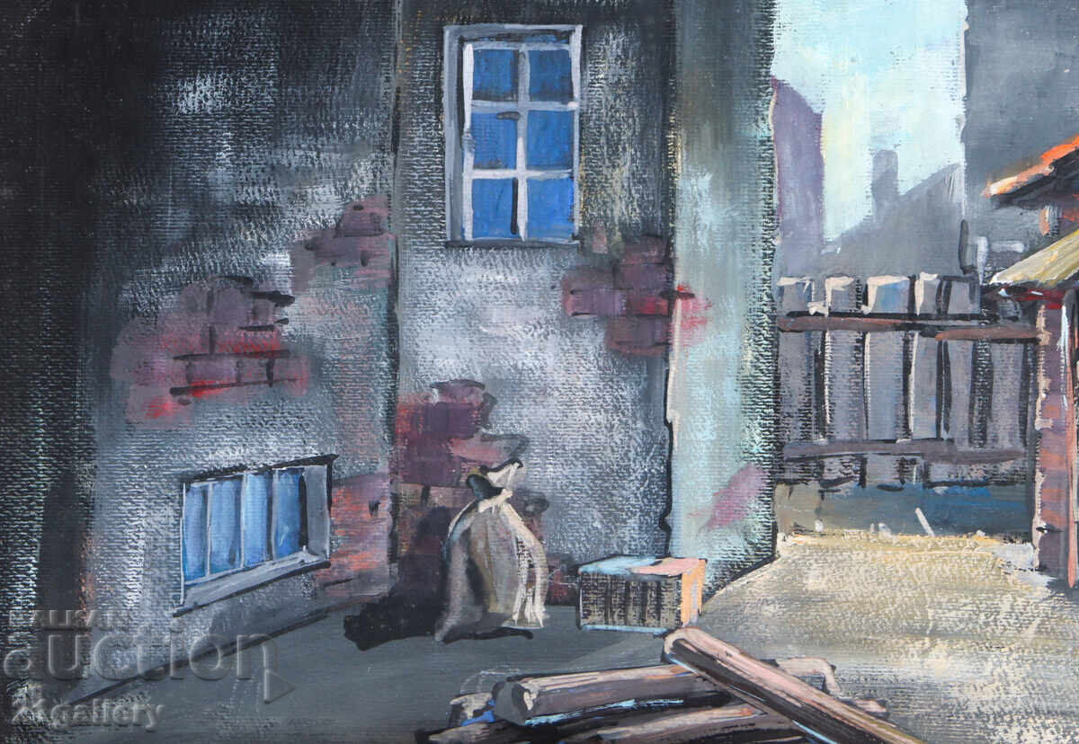Delivery of Old tempera painting, cityscape