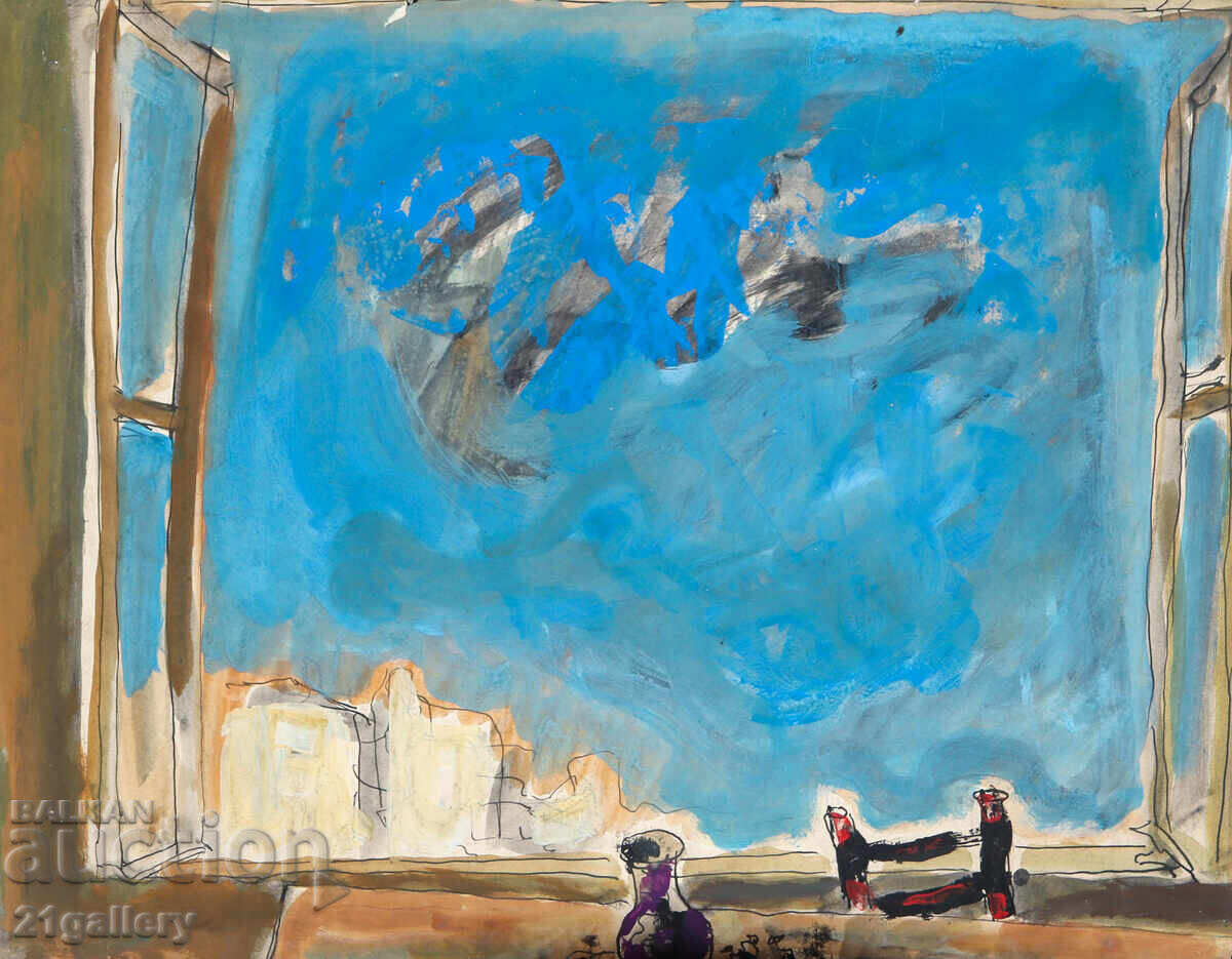 Auction Watercolor painting landscape view from a window Auction Watercolor painting landscape view from a window