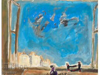 Tablou acuarelă peisaj vedere de la fereastră