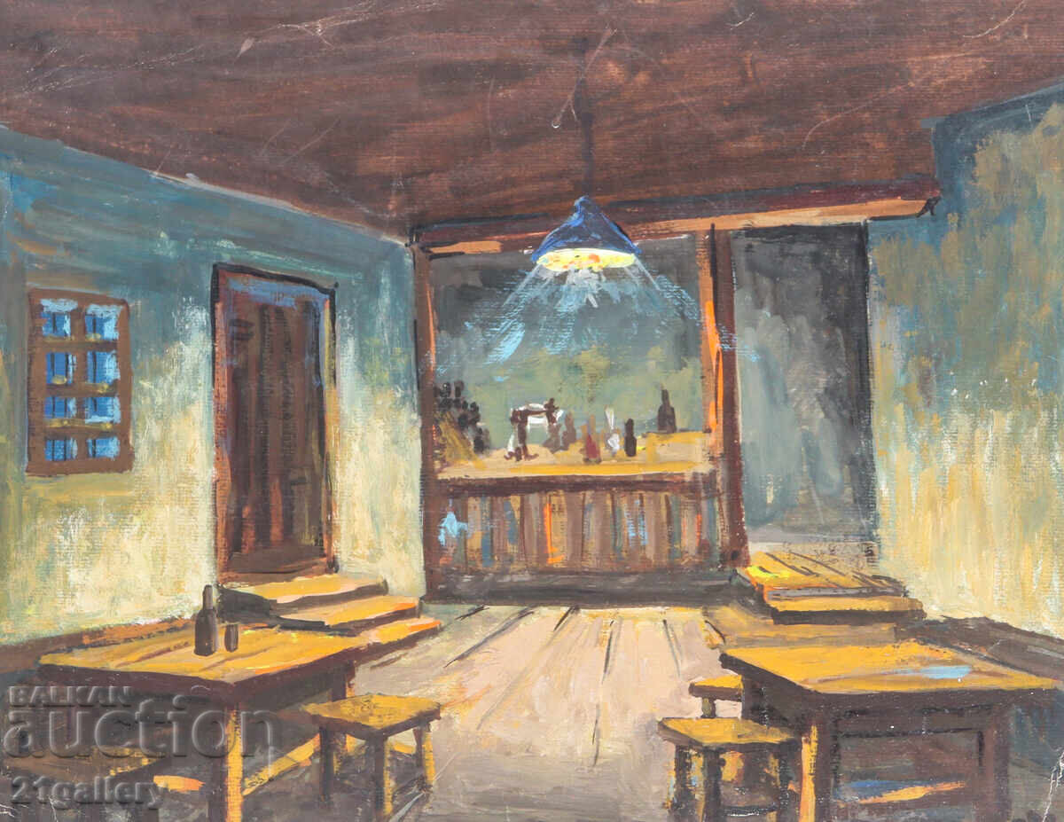 Auction  Old painting, tempera, village tavern