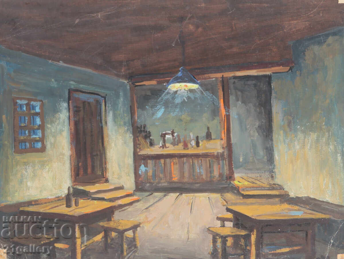 Old painting, tempera, village tavern