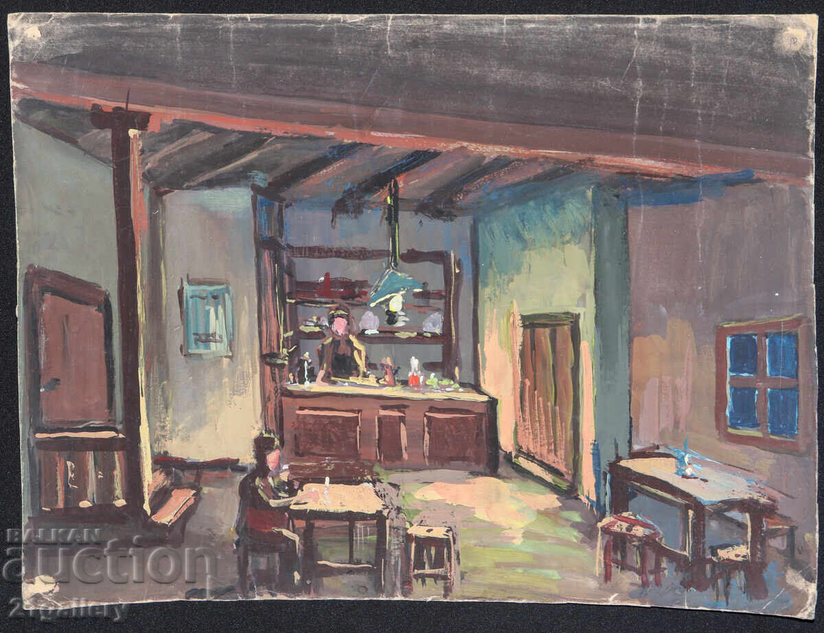 Tablou vechi, culori tempera, cârciumă țărănească cu preț 300.00 BGN | € 153.39