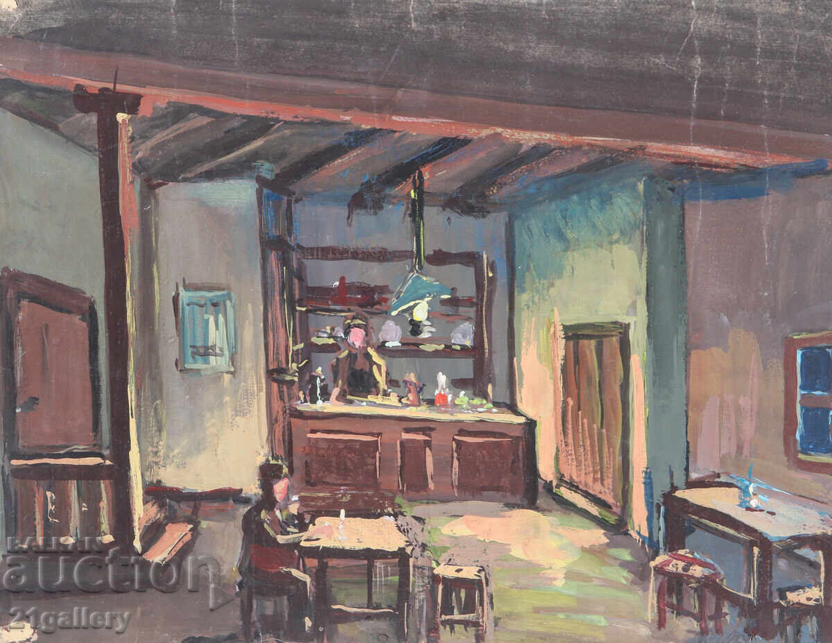 Licitație Tablou vechi, culori tempera, cârciumă țărănească